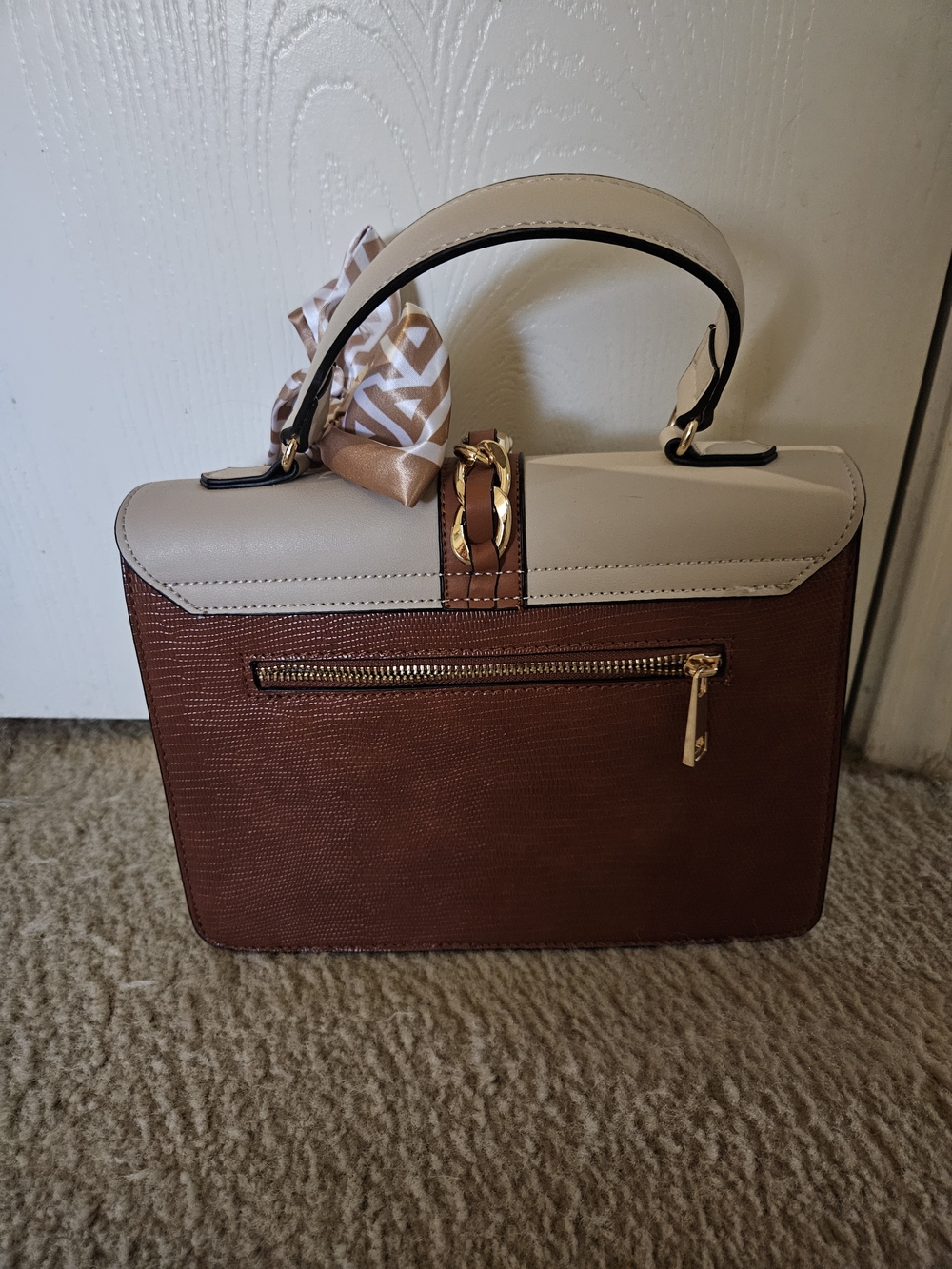 Aldo Beige, White & Brown Top Handle Satchel with Scarf Accent - Picture 2 of 2